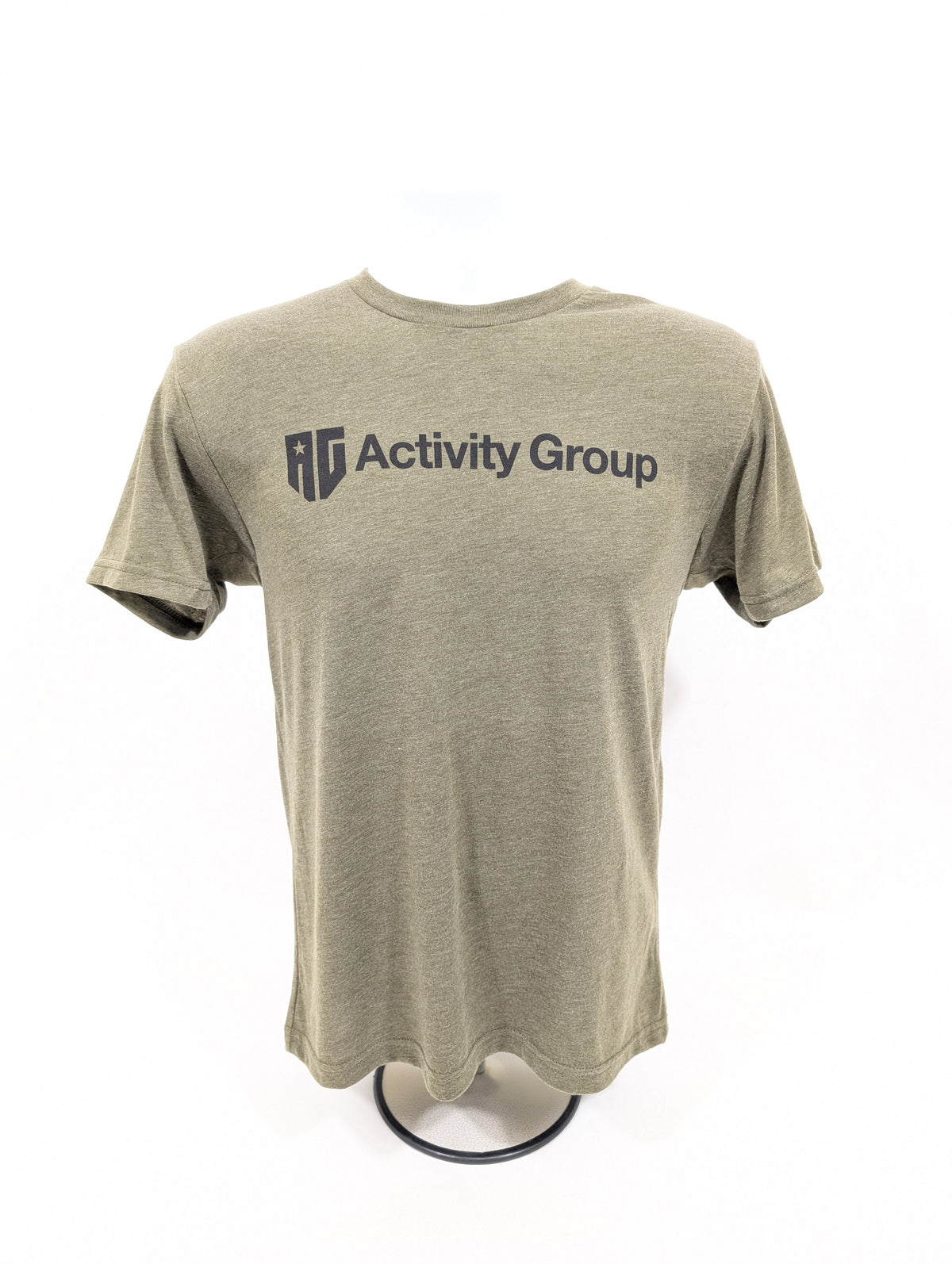 Olive green t-shirt with 'Activity Group' logo on a white background