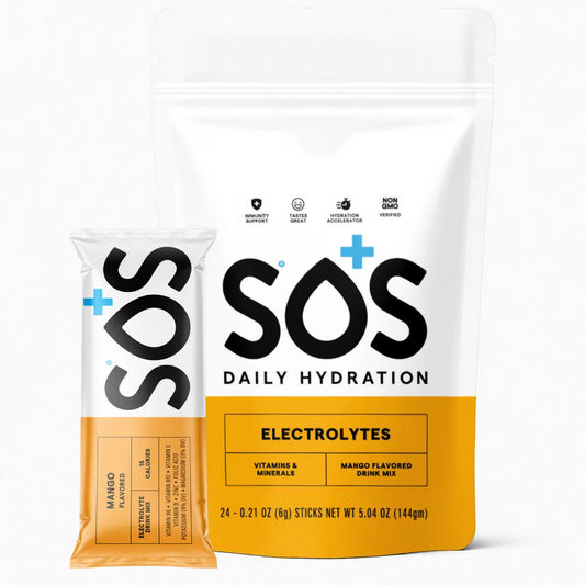 SOS Daily Hydration Electrolytes drink mix package shown with one individual stick pack in front on a clean white background.